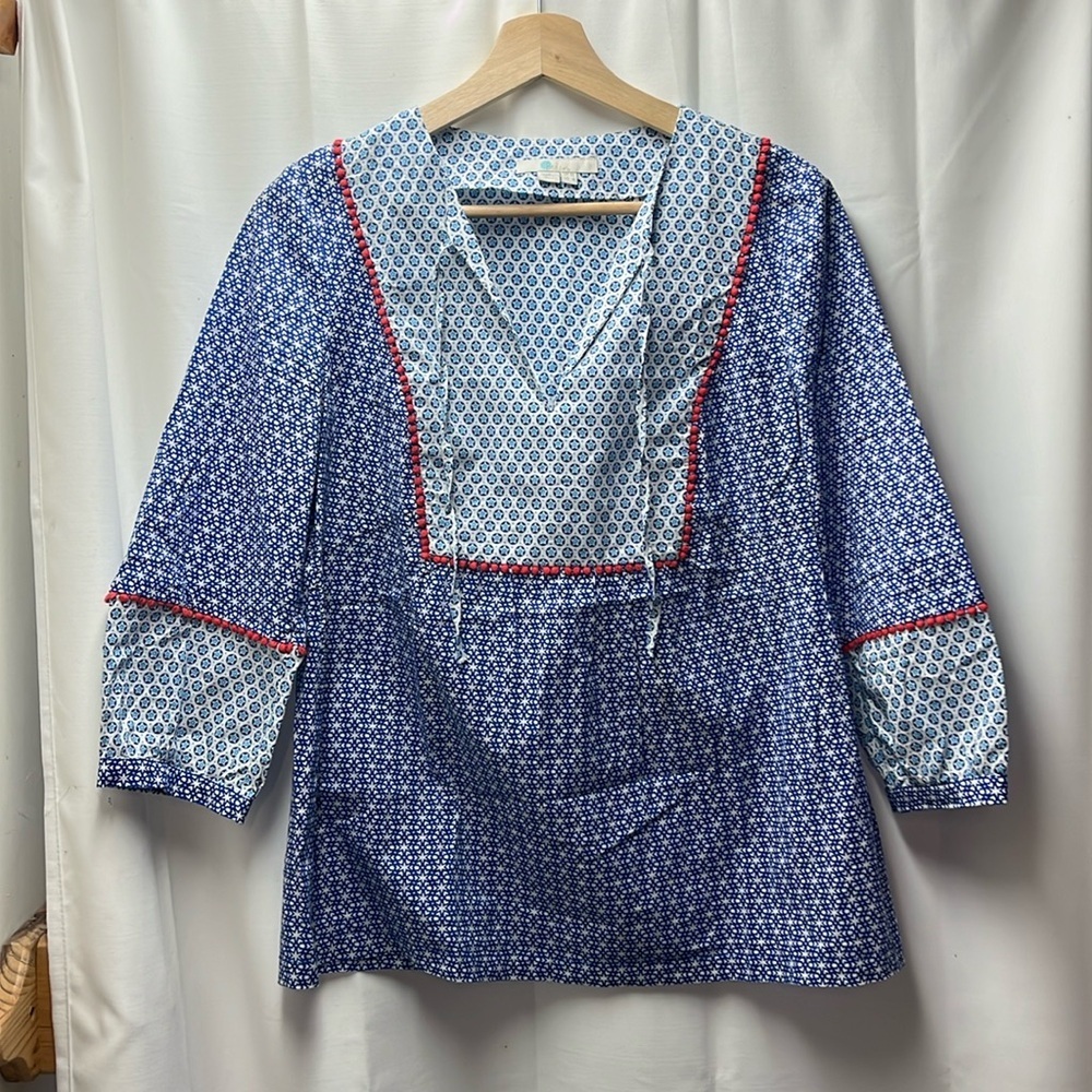 Boden Blue Coral Star Print 3/4 Sleeve Peasant Blouse- 6